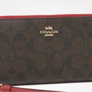 Coach Dark Brown Signature Canvas Wallet with Red Trim